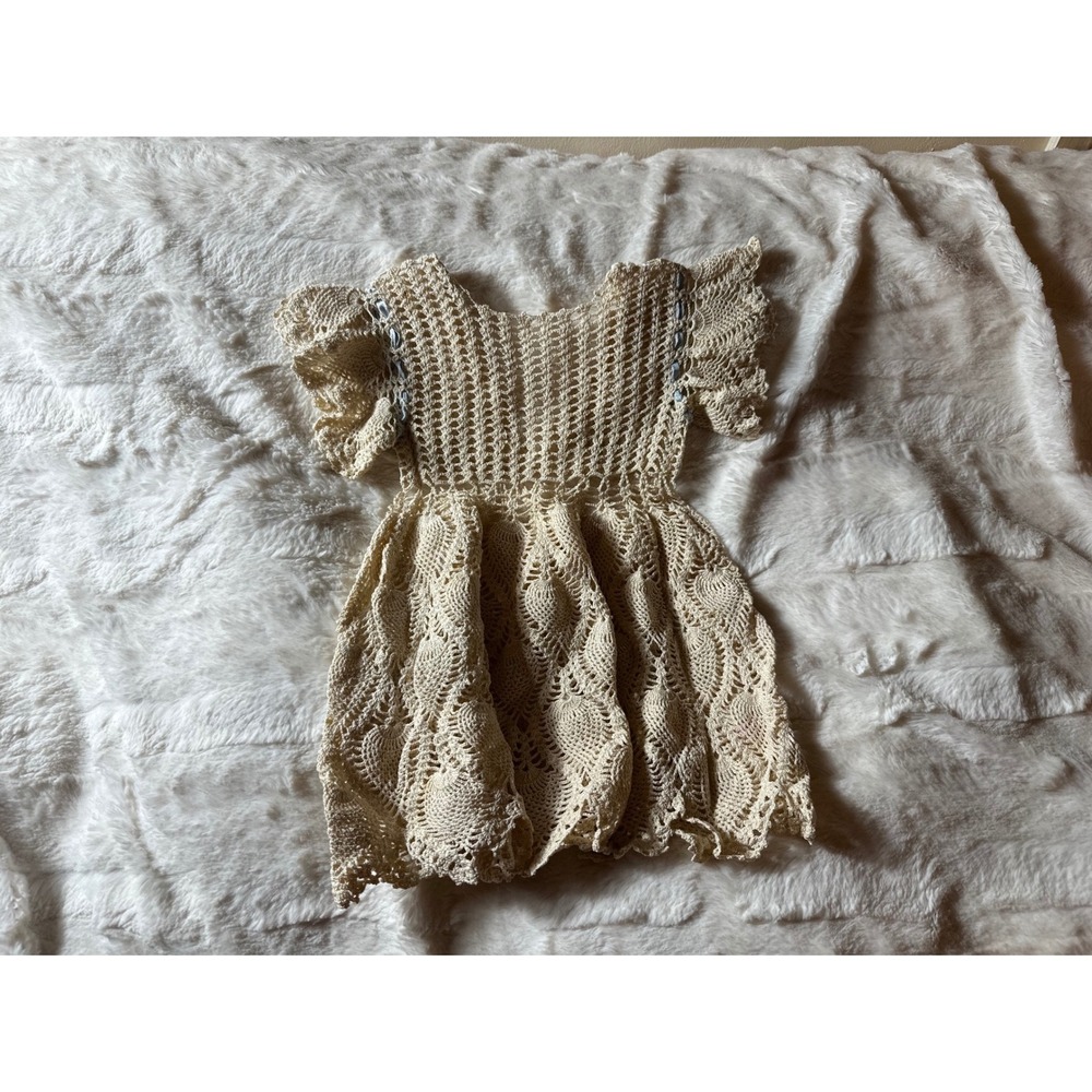 Vintage Handmade Crochet Kids Dress Cream Ivory Blue Ribbon Flutter Sleeve Boho